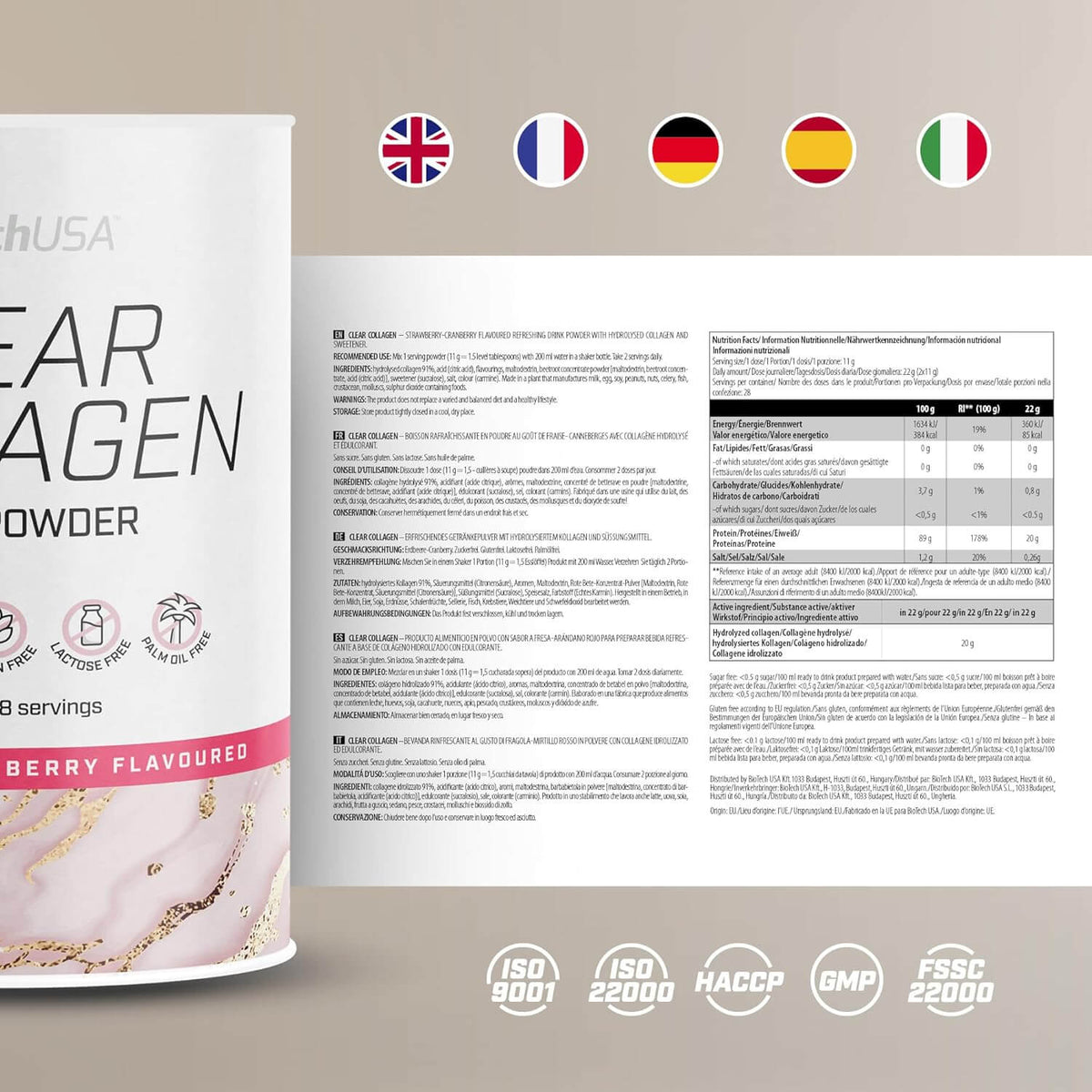 Colágeno Hidrolizado BiotechUSA Clear Collagen Strawberry-Cranberry 308 Gr Informacion Nutricional
onelastrep.cl