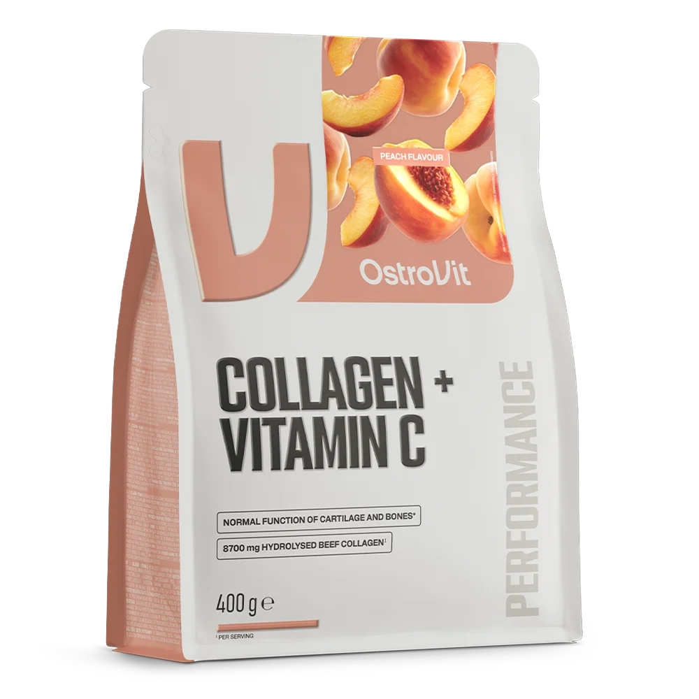 Bolsa de colágeno bovino hidrolizado OstroVit 400 g con vitamina C sabor durazno en perspectiva