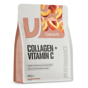 Bolsa de colágeno bovino hidrolizado OstroVit 400 g con vitamina C sabor durazno en perspectiva