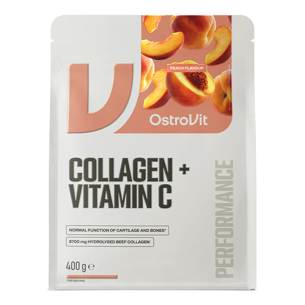 Vista frontal del empaque de OstroVit Collagen con Vitamina C 400 g sabor peach durazno