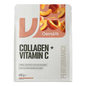 Vista frontal del empaque de OstroVit Collagen con Vitamina C 400 g sabor peach durazno