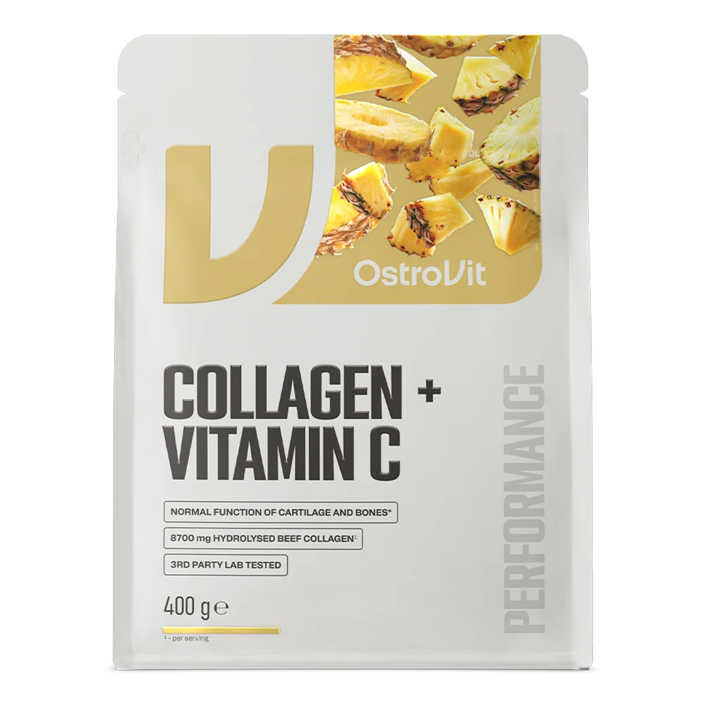Vista frontal del empaque de OstroVit Collagen con Vitamina C 400 g sabor pineapple piña