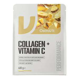 Vista frontal del empaque de OstroVit Collagen con Vitamina C 400 g sabor pineapple piña