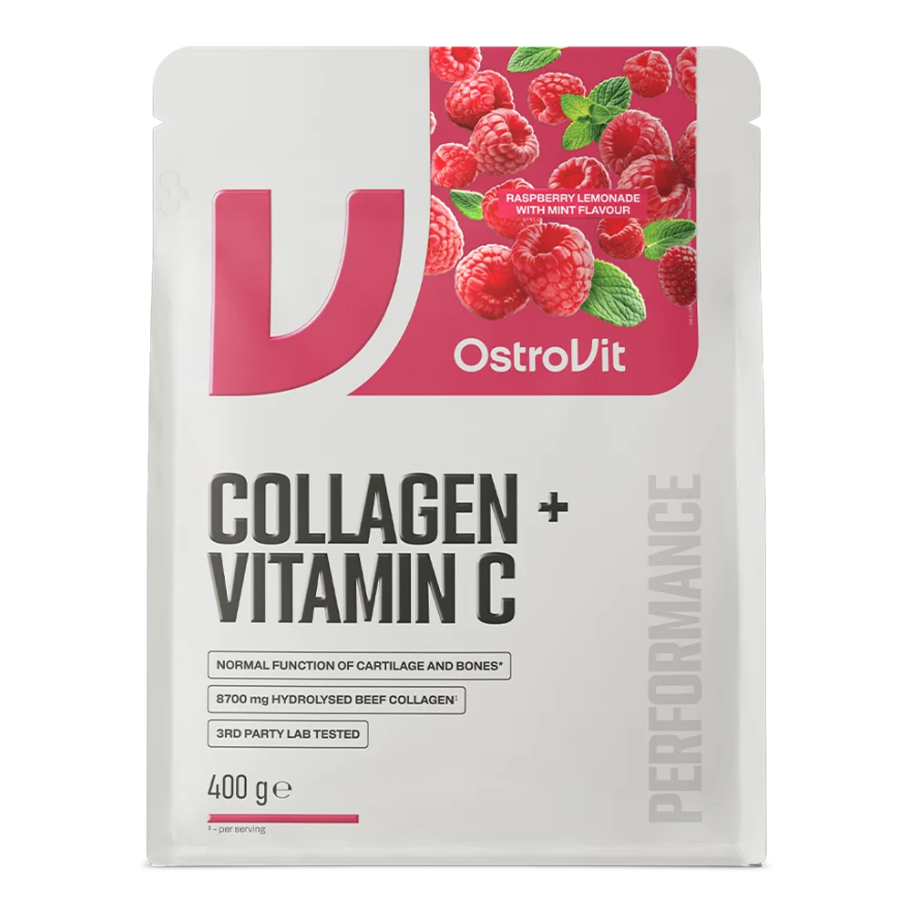 Vista frontal del empaque de OstroVit Collagen con Vitamina C 400 g sabor raspberry lemonade mint