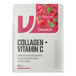 Vista frontal del empaque de OstroVit Collagen con Vitamina C 400 g sabor raspberry lemonade mint