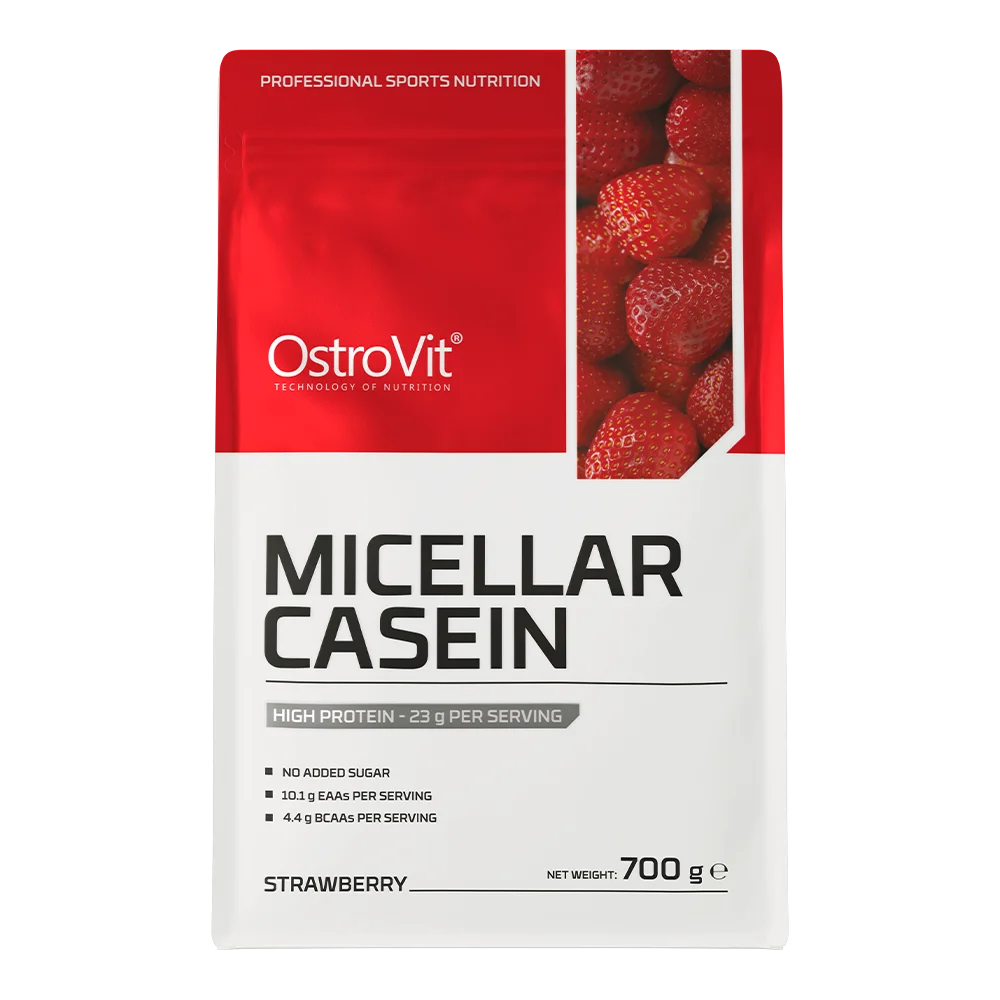 Vista frontal del empaque de OstroVit Caseína Micelar 700 g sabor strawberry