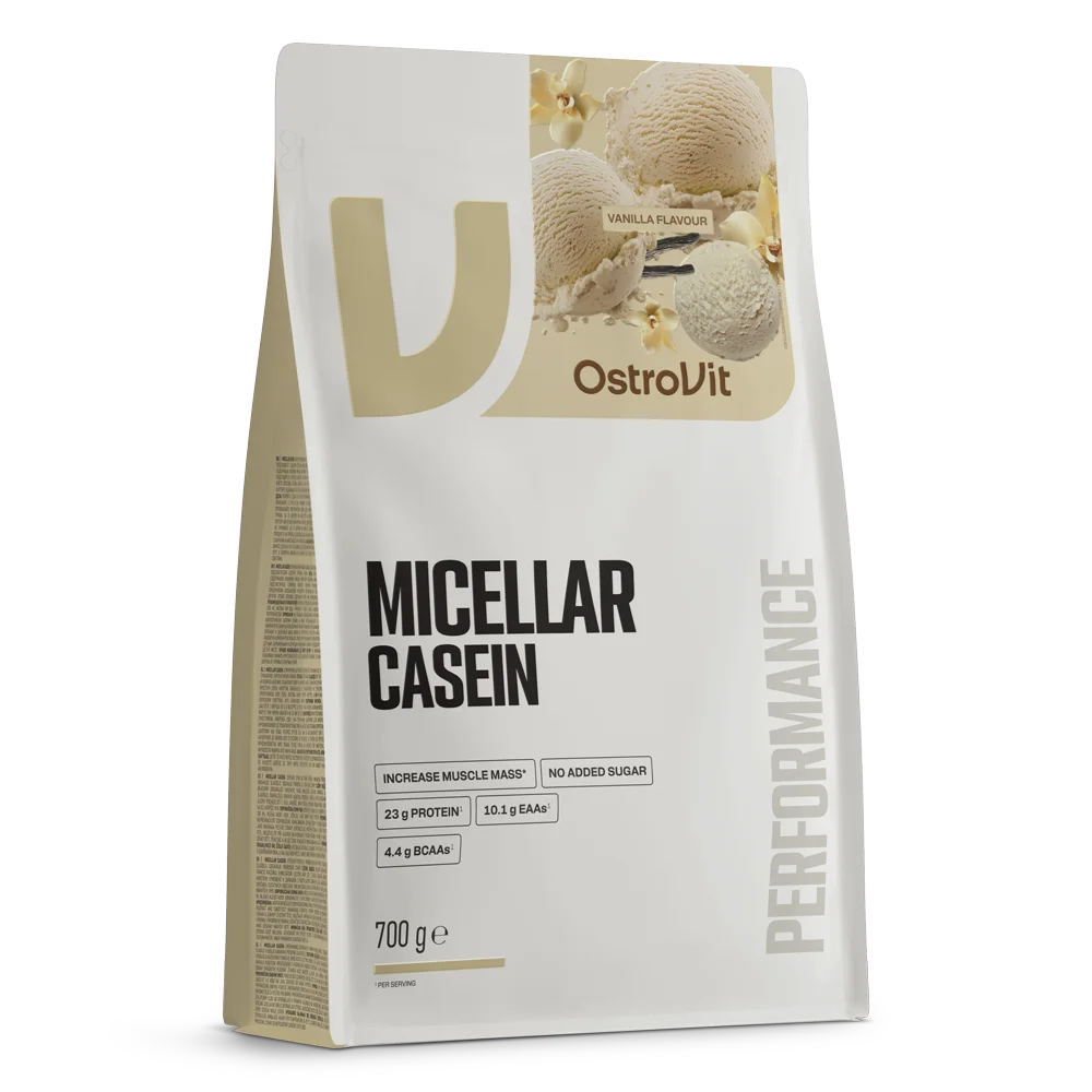 Bolsa de caseína micelar OstroVit Micellar Casein 700 g sabor vainilla en ángulo
