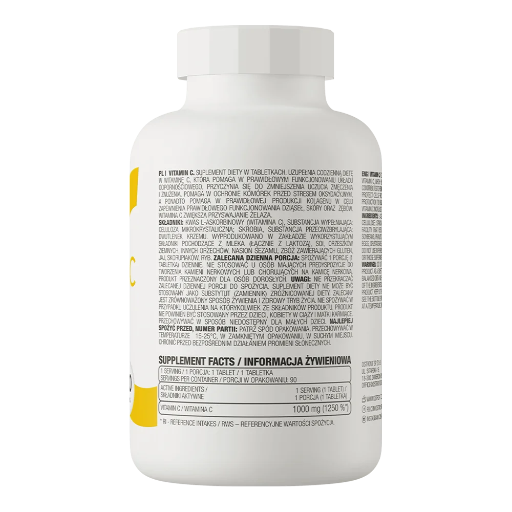 Etiqueta trasera con información nutricional e ingredientes de OstroVit Vitamina C 1000 mg
